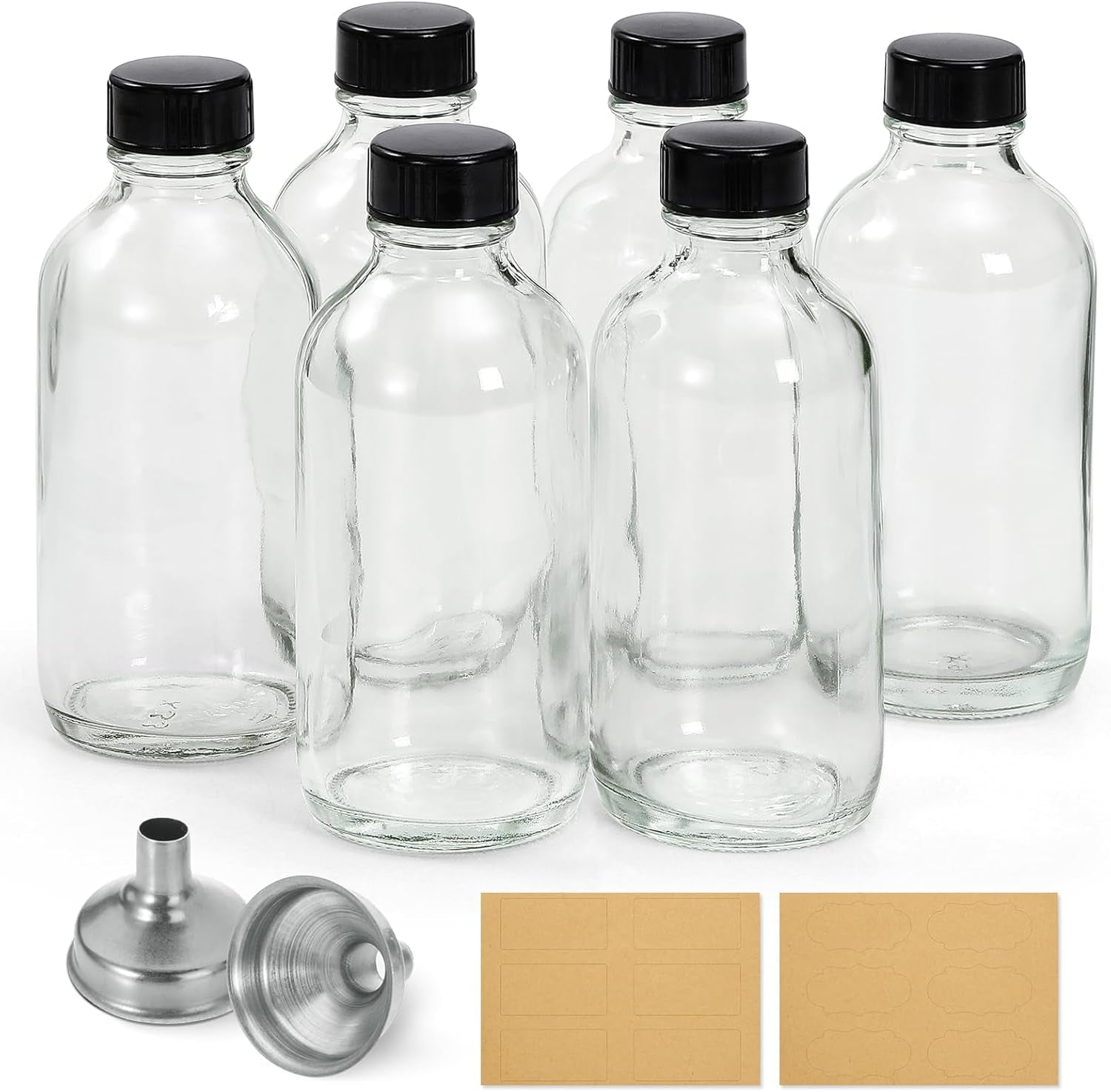 6 Pack, 4 Oz Small Clear Glass Bottles with Lids & 2 Stainless Steel Funnels - 120Ml Boston Sample Bottle for Potion, Juice, Wellness, Ginger Shots, Whiskey, Liquids - Mini Travel Essential Bottles