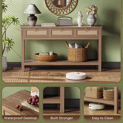 Rattan Console Sofa Table with Integrated Outlets and USB-C Port, 3-Drawer Entryway Table with Synthetic Rattan Surface and Open Shelf for Foyer and Hallway Storage, Brown