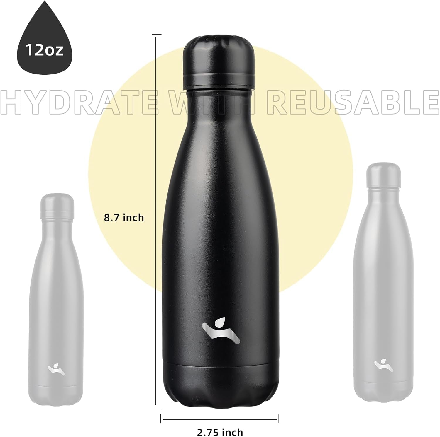Insulated Water Bottles,12 Oz Double Wall Stainless Steel Vacumm Metal Flask for Sports Travel,Midnight Black