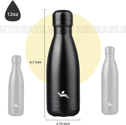 Insulated Water Bottles,12 Oz Double Wall Stainless Steel Vacumm Metal Flask for Sports Travel,Midnight Black