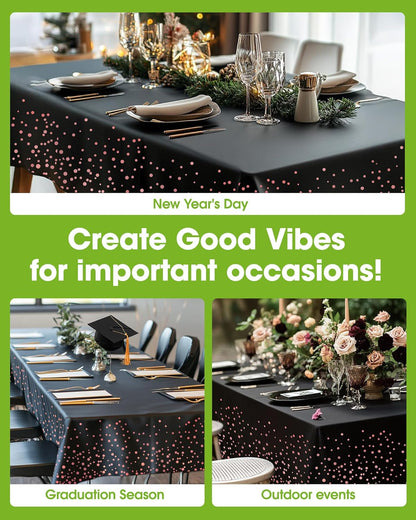 Plastic Table Cloth Disposable 10 Pack, 54 X 108 Inch Table Cloths, Graduation Decorations of 2025, Graduation Tablecloths, Rectangle, Plastic Cover, Leakproof & Sturdy, Black and Rose Gold