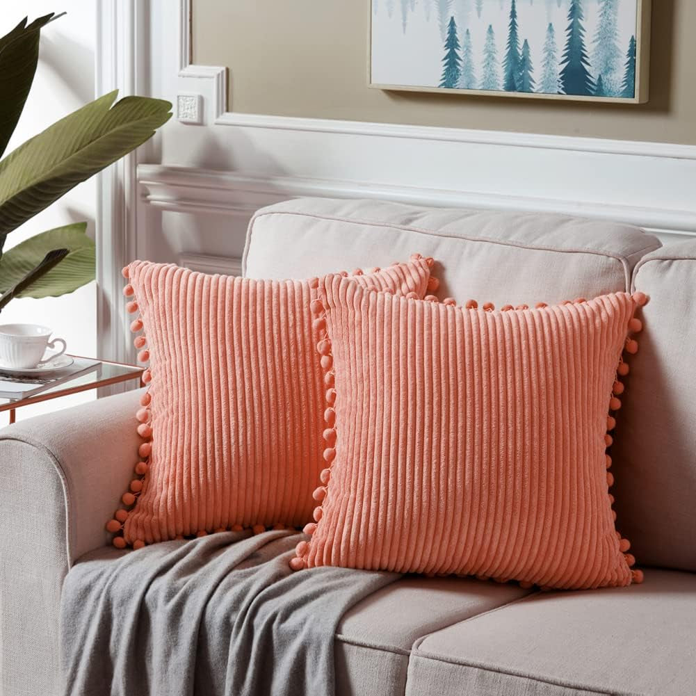 Pack of 2 Coral Decorative Throw Pillow Covers 18X18 Inch with Pom-Poms for Living Room Couch Bedroom, Soft Corduroy Peach Solid Square Cushion Case 45X45 Cm, Rustic Farmhouse Home Decor