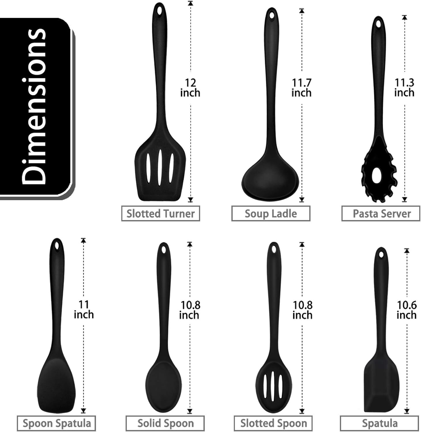 Silicone Cooking Utensils Set of 7, Heat-Proof Kitchen Utensils Set for Nonstick Cookware, Non-Stick Spatula, Slotted Turner, Soup Ladle, Pasta Server, Spoon for Cooking Serving - Black