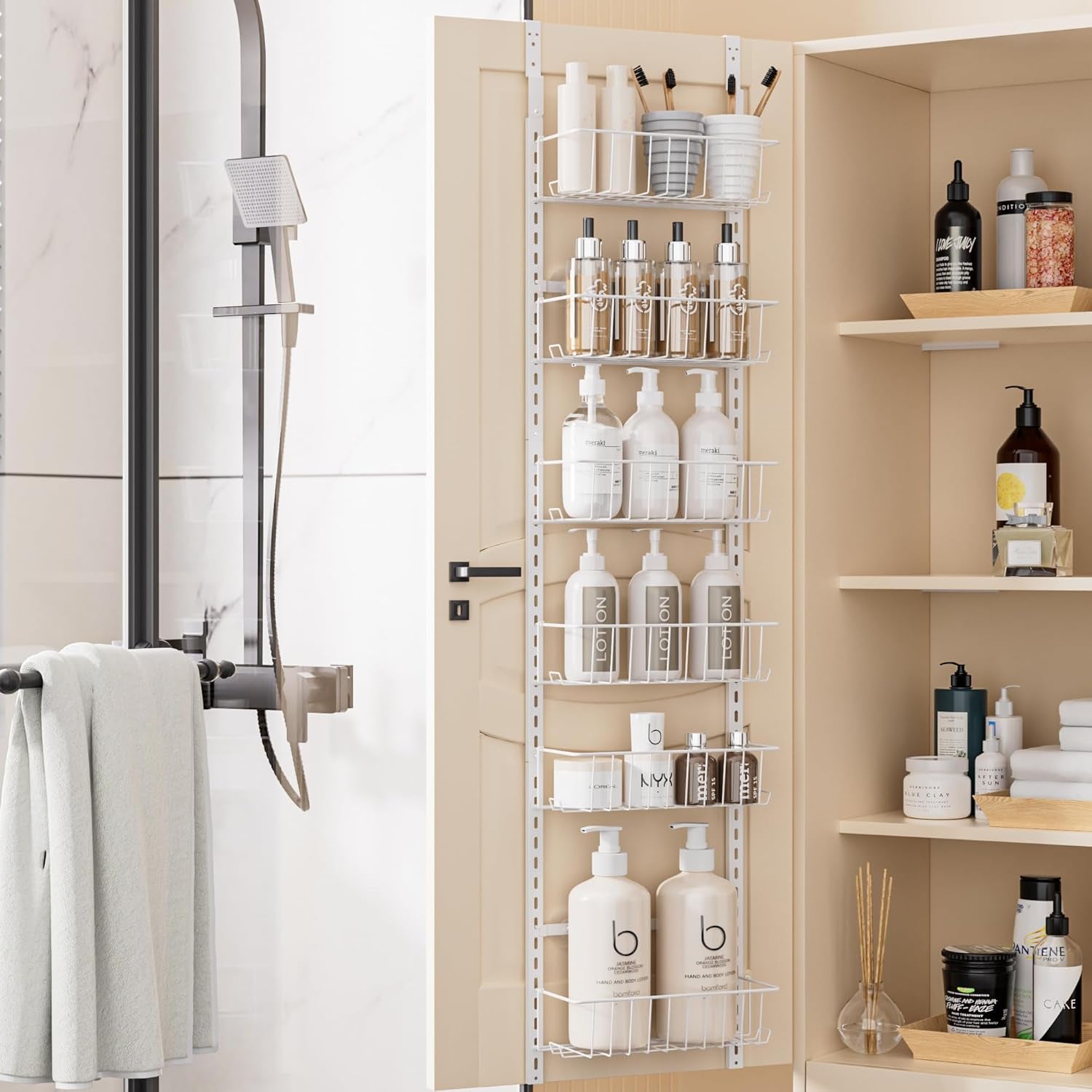 Pantry Door Organizer, Adjustable Metal over the Door Pantry Organizer Rack, 6-Tier over the Door Spice Rack, Kitchen Pantry Door Organizers and Storage, D5 W12 H52.1 Inch, White, Small