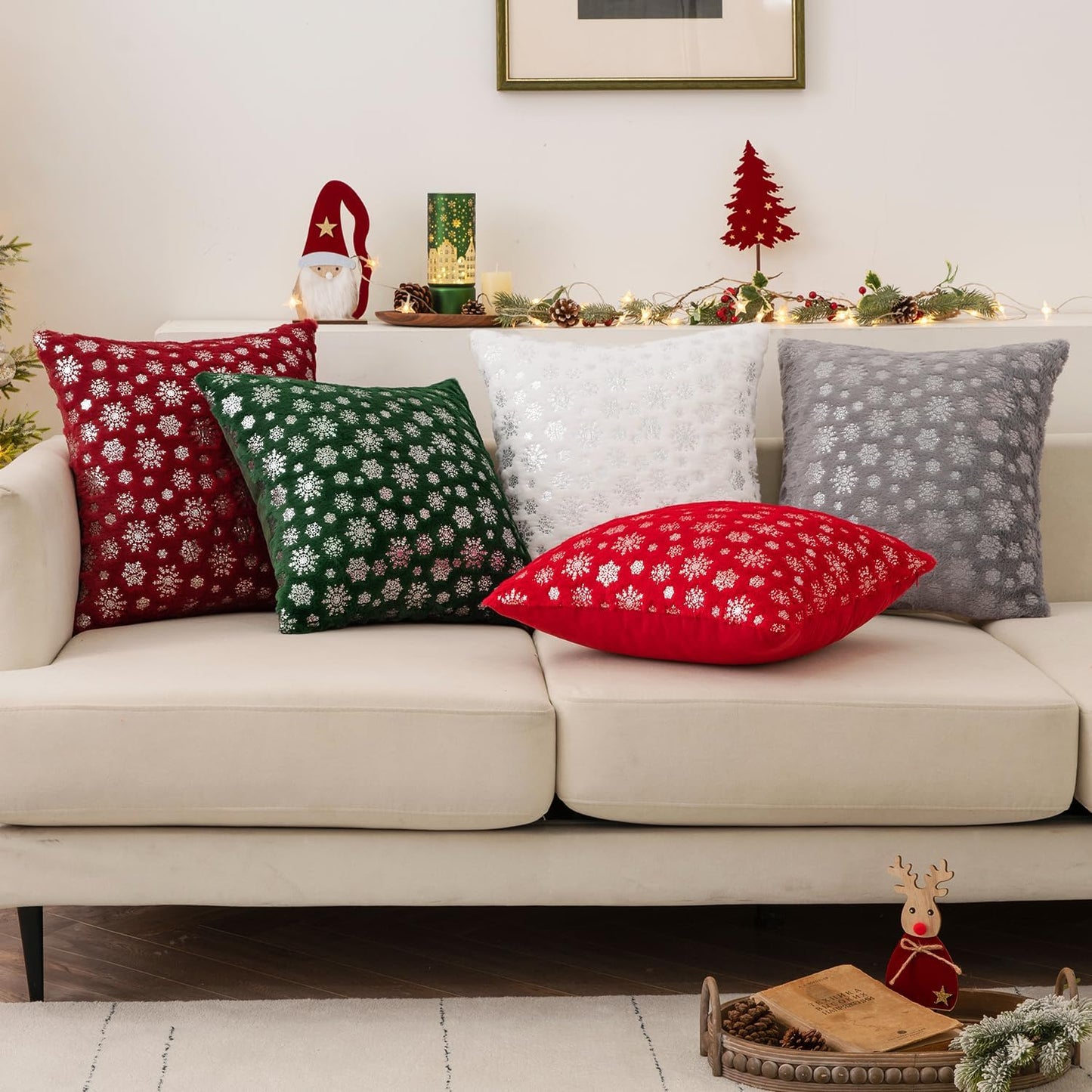 Christmas Dark Green Throw Pillow Covers Set of 2 Snowflakes Decorative Winter Couch Pillowcases 18×18 Inch Soft Plush Faux Fur Farmhouse Home Holiday Festival Decors for Sofa Living Room Bed