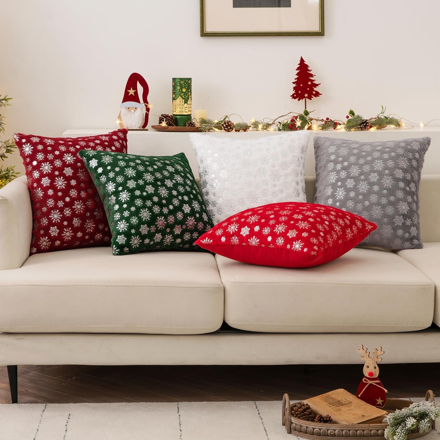 Christmas Dark Green Throw Pillow Covers Set of 2 Snowflakes Decorative Winter Couch Pillowcases 18×18 Inch Soft Plush Faux Fur Farmhouse Home Holiday Festival Decors for Sofa Living Room Bed