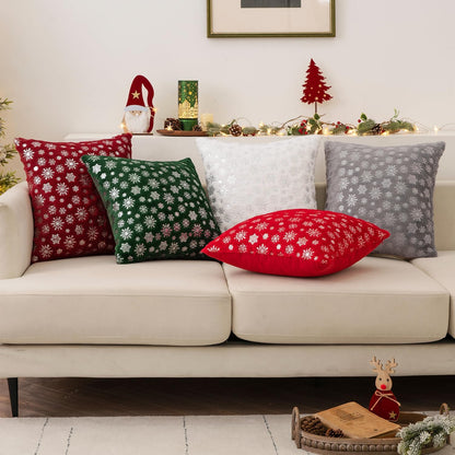 Christmas Dark Green Throw Pillow Covers Set of 2 Snowflakes Decorative Winter Couch Pillowcases 18×18 Inch Soft Plush Faux Fur Farmhouse Home Holiday Festival Decors for Sofa Living Room Bed