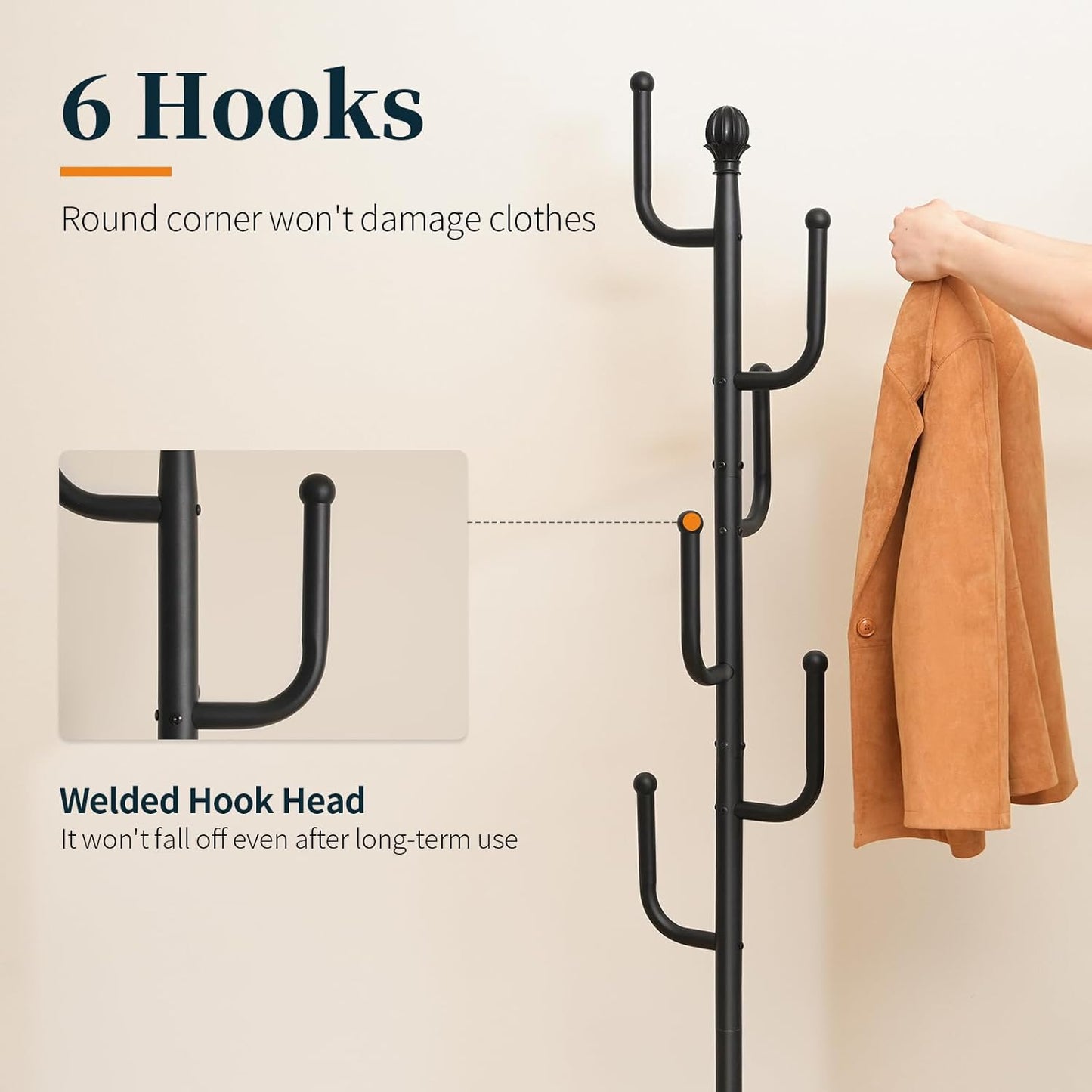 Coat Rack Freestanding with Natural Marble Base, Cactus Coat Tree with 6 L-Shaped Hooks, Heavy Duty Coat Hanger Stand, Metal Coat Rack Stand for Entryway, Hall Tree for Jacket/Hat/Clothes/Bag