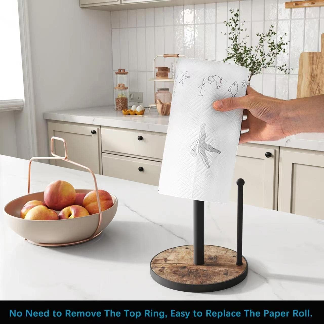 Paper Towel Holder Countertop with Heavy Duty Wood Base, Farmhouse Paper Towel Roll Stand for Kitchen Counter Fits Standard and Jumbo Size Paper Towels (Brown - Easy to Tear)