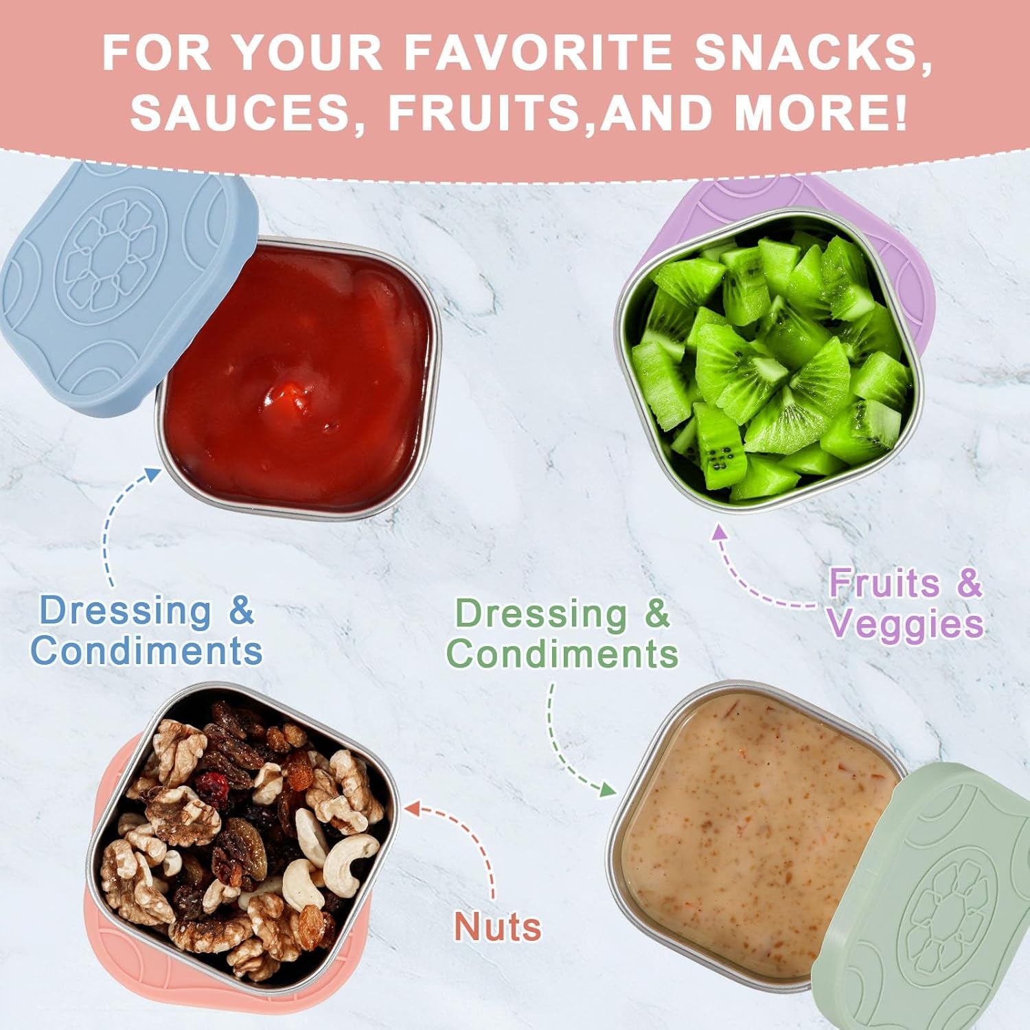 4-Pack Stainless Steel Snack Containers with Silicone Lids - 4.7Oz Reusable Small Food Containers for Snacks Condiments, Salad Dressing Container, Leak-Proof, Bpa-Free