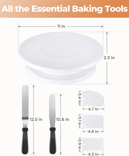 Cake Decorating Kit Baking Supplies Cake Turntable with 2 Frosting Straight Angled Spatula 3 Icing Smoother Scrapers Baking Accessories Tools for Beginners and Pros, White