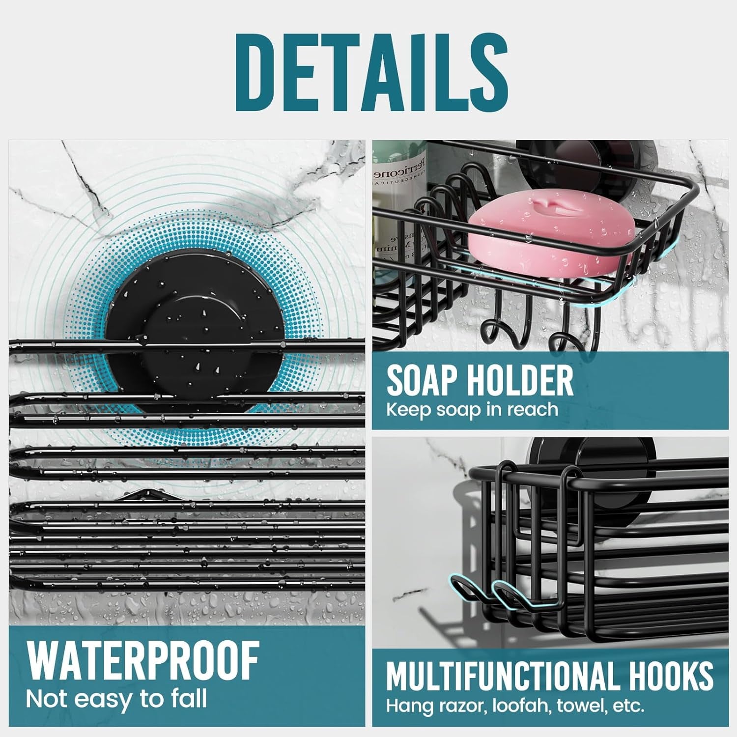 Shower Caddy Suction Cup with Hooks and Soap Holder, Heavy Duty Bathroom Shower Organizer, No Drilling Bathroom Holder with Large Capacity, Metal Black Storage Basket