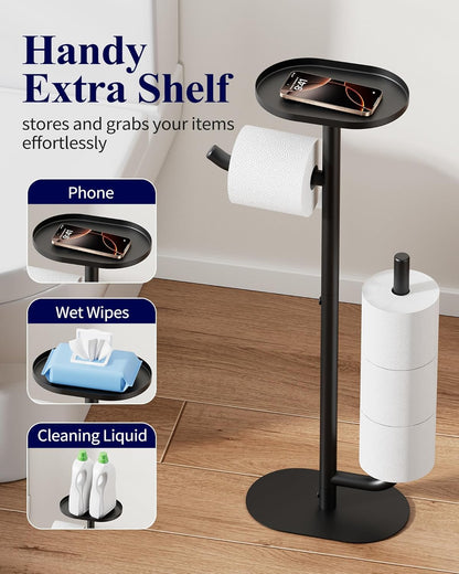 Toilet Paper Holder Stand - Spacious Toilet Paper Storage for 4 Rolls, Rustproof Bathroom Organizers and Storage with Shelf for Phone & Small Items, 9.1"×5.8"×27.6", Black