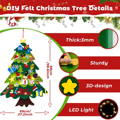 Felt Christmas Tree Set for Toddlers Kids with 3M/9.8Ft Led String Light, 3.2Ft/98Cm Wall Hanging DIY Christmas Tree with 32 Detachable Ornaments for Xmas Home Decoration
