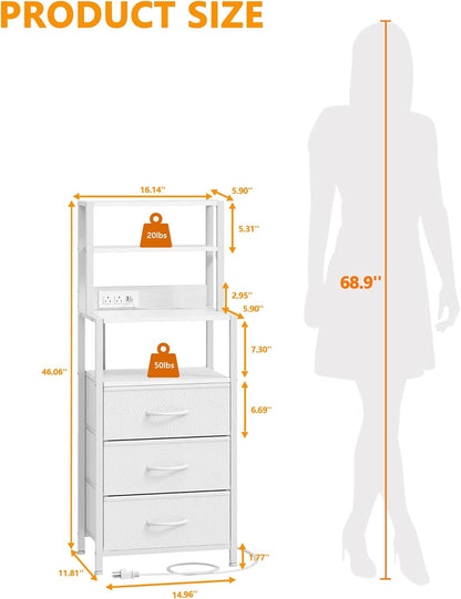 Elegant Bedside Nightstand with 4-Tier Shelving, 3 Fabric Drawers, LED Lighting, and Integrated Charging Station - Versatile Tall Table for Bedroom, Hallway, or Office in White