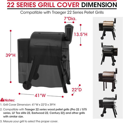 Pellet Grill Cover Compatible with Traeger 22 Series, Lil Tex, Outdoor Full Length Pellet Smoker Cover, Unique UV Resistant Waterproof Vinyl Exterior with Polyester Lining