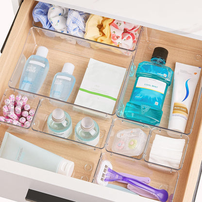 15 PCS Clear Plastic Drawer Organizers Set, 4-Size Versatile Bathroom and Vanity Organizer Trays, Non-Slip Storage Containers for Makeup, Jewelries, Bedroom，Kitchen Utensils and Office
