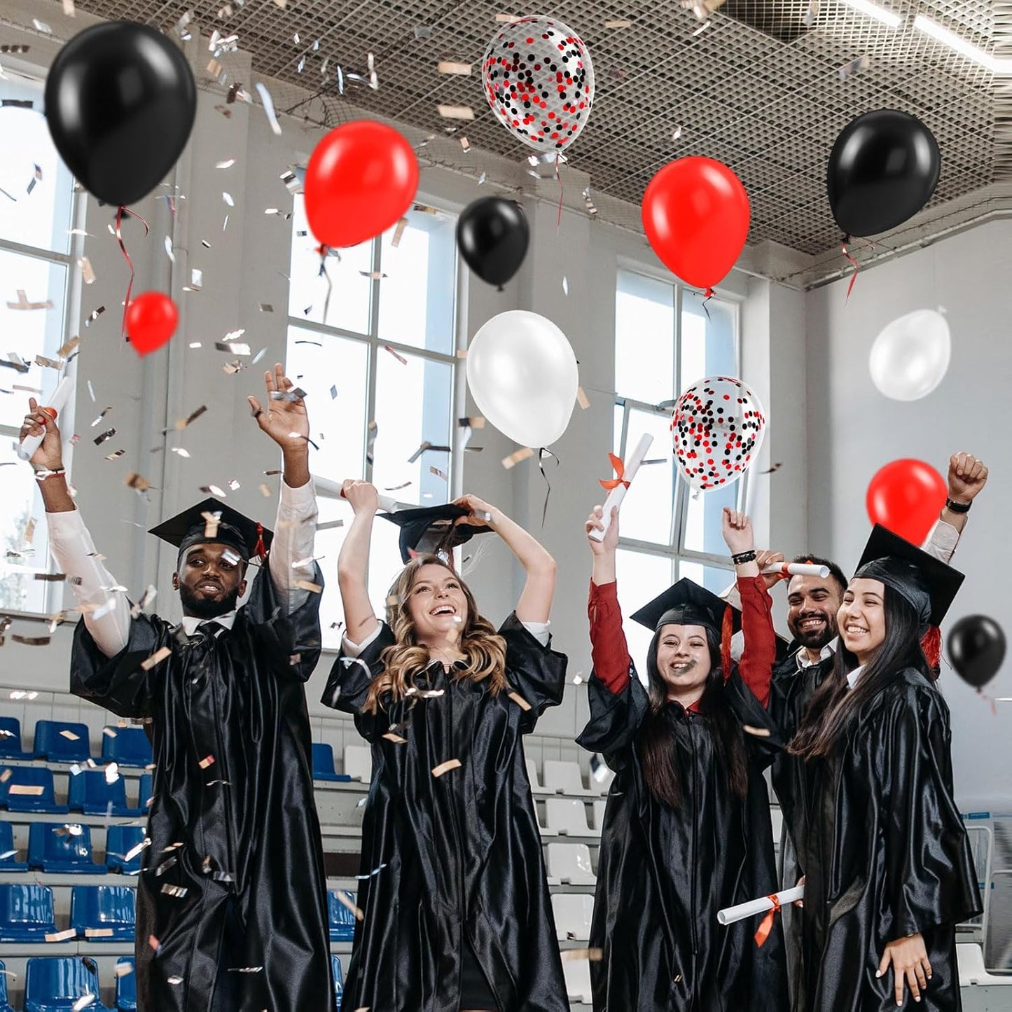 Red White and Black Balloons 12 Inch Black Red Confetti Party Decoration Balloons with Ribbons for Birthday, Wedding, Baby Shower, Anniversary, Casino Theme, Graduation Party Supplies