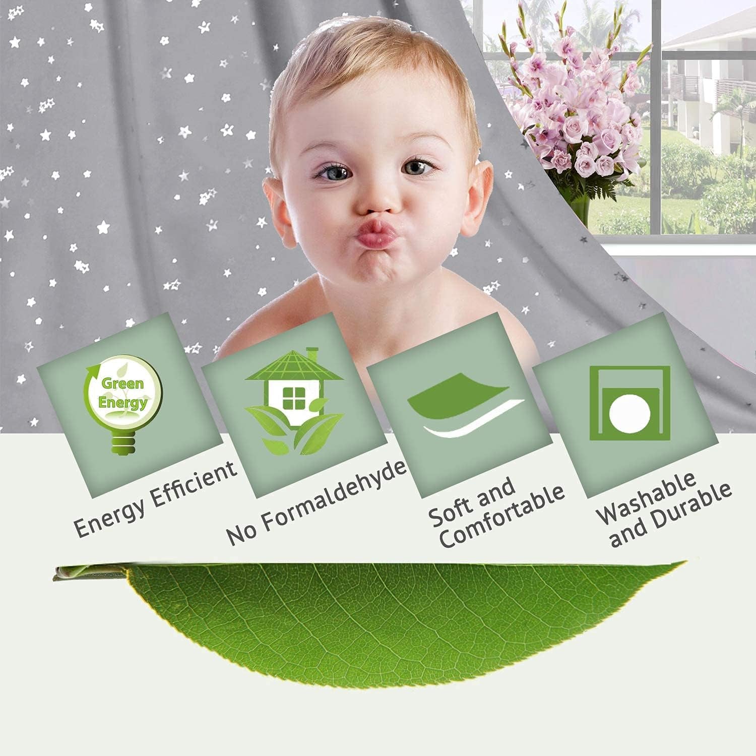 Blackout Star Curtains for Kids Room Boys Girls Twinkle Silver Stars Thermal Insulated Cute Thick Soft Curtain Drapes, Grommet Top, 1 Panel, 52" W X 63" L, Grey