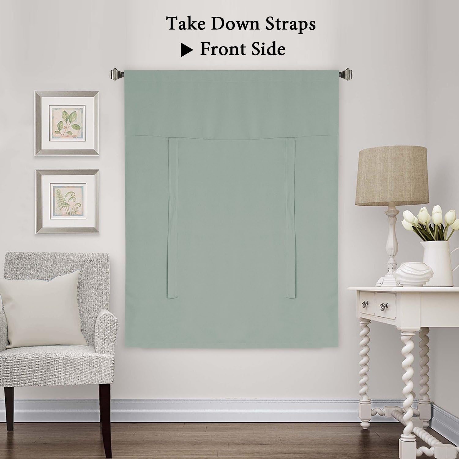 Blackout Curtains-Tie up Shade for Window Thermal Insulated Room Darkening Rod Pocket Curtains for Kitchen (Rod Pocket Panel, 42 Inches W X 63 Inches L，Light Sage)