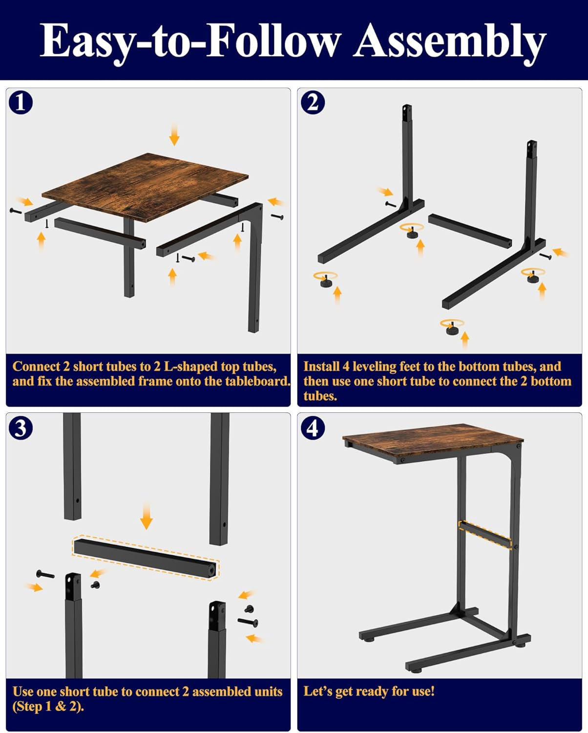Side Table - C-Shaped Small End Tables for Living Room & Bedroom, Rustic-Style Narrow Couch Table for Small Spaces, Leveling Feet Attached, 15.7"×11.8"×24.0"