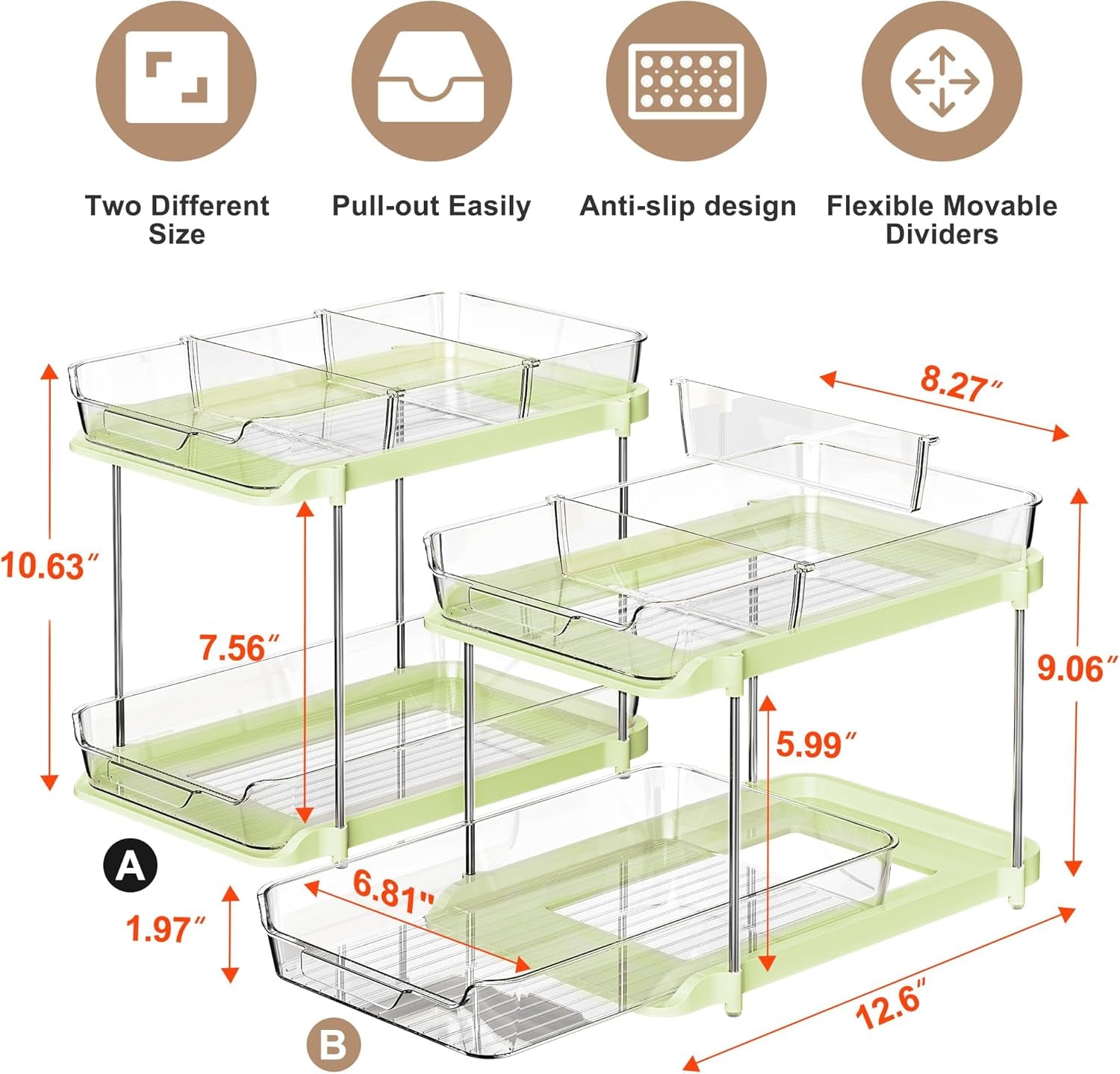 2 Sets of 2-Tier Multi-Purpose Bathroom under Sink Organizers and Storage, Stackable Kitchen Pantry Organization, Pull Out Medicine Cabinet Organizer with 8 Movable Dividers, Green