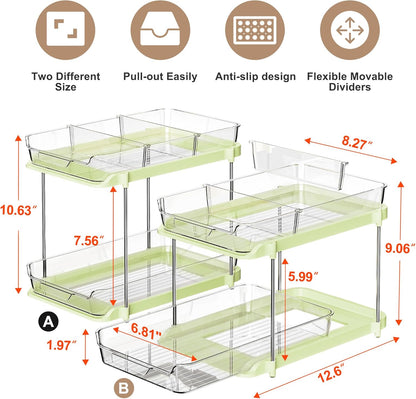 2 Sets of 2-Tier Multi-Purpose Bathroom under Sink Organizers and Storage, Stackable Kitchen Pantry Organization, Pull Out Medicine Cabinet Organizer with 8 Movable Dividers, Green