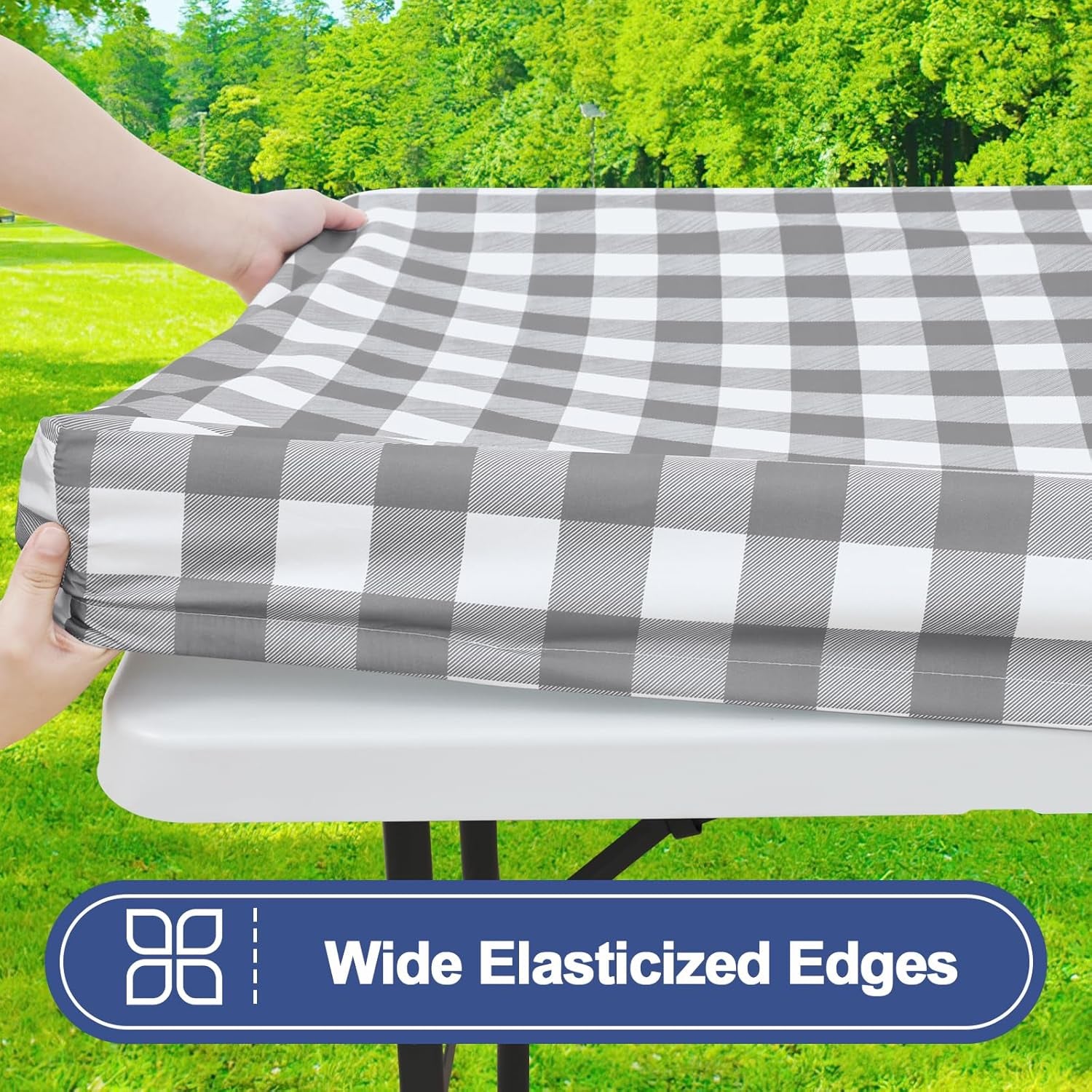 Waterproof Elastic Fitted Picnic Tablecloths - 2 Pack for 6FT Rectangle Tables, Washable Polyester Buffalo Plaid Design for Camping, Dining, and Outdoor Use (Grey & White, 30" X 72")