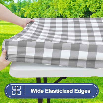Waterproof Elastic Fitted Picnic Tablecloths - 2 Pack for 6FT Rectangle Tables, Washable Polyester Buffalo Plaid Design for Camping, Dining, and Outdoor Use (Grey & White, 30" X 72")