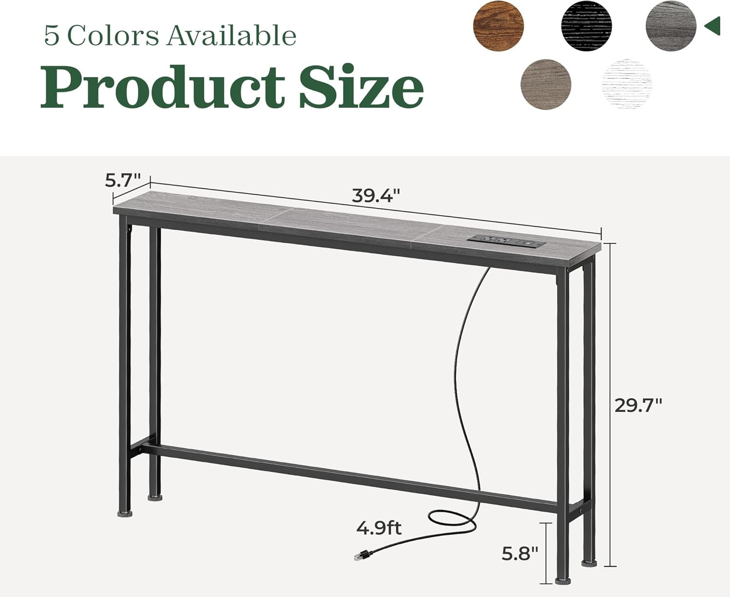 5.9-Inch Console Table with Integrated Charging Station, Sofa Table for Behind Couch, Metal Frame, Charcoal Grey Finish, Dimensions: 5.9 x 39.4 x 29.1 Inches