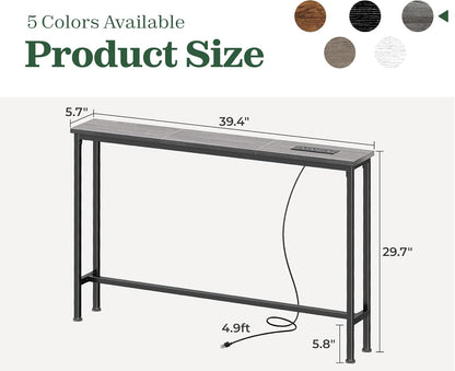 5.9-Inch Console Table with Integrated Charging Station, Sofa Table for Behind Couch, Metal Frame, Charcoal Grey Finish, Dimensions: 5.9 x 39.4 x 29.1 Inches