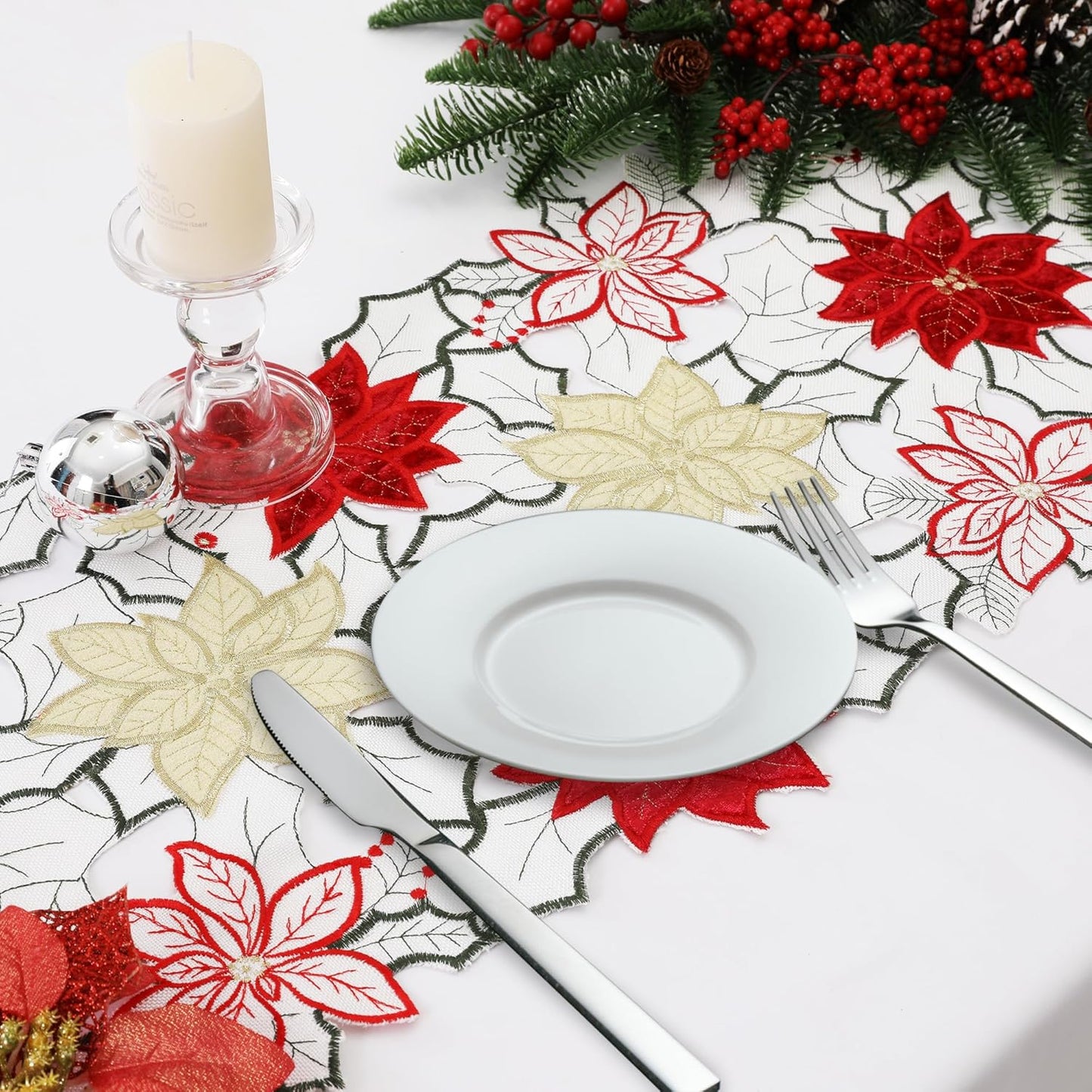 Christmas Linen Textured Table Runner 14X72 Inches Long, Embroidered Red Poinsettia Flower Table Runner for Christmas, Xmas Dresser Scarves Holiday Parties Kitchen Farmhouse Dinner Decor