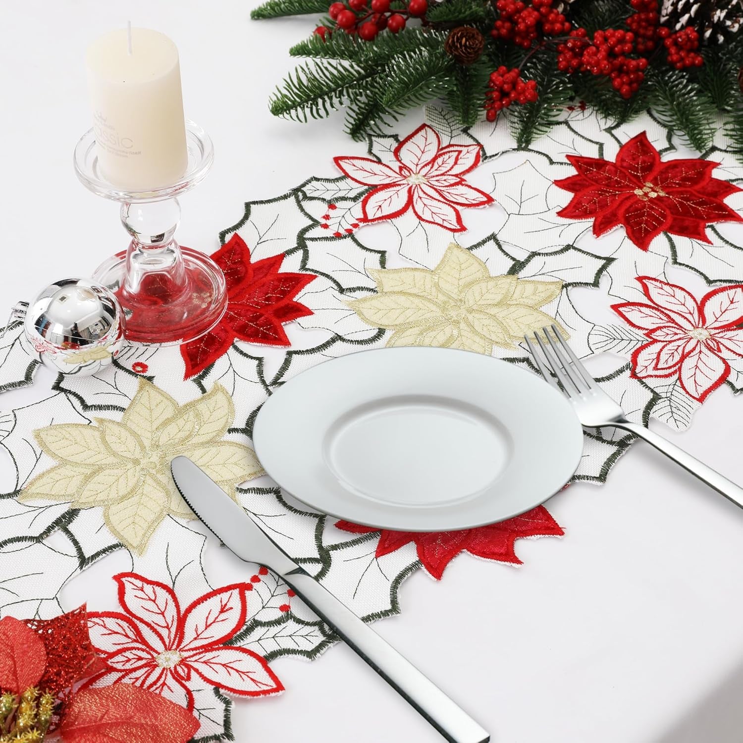 Christmas Linen Textured Table Runner 14X72 Inches Long, Embroidered Red Poinsettia Flower Table Runner for Christmas, Xmas Dresser Scarves Holiday Parties Kitchen Farmhouse Dinner Decor