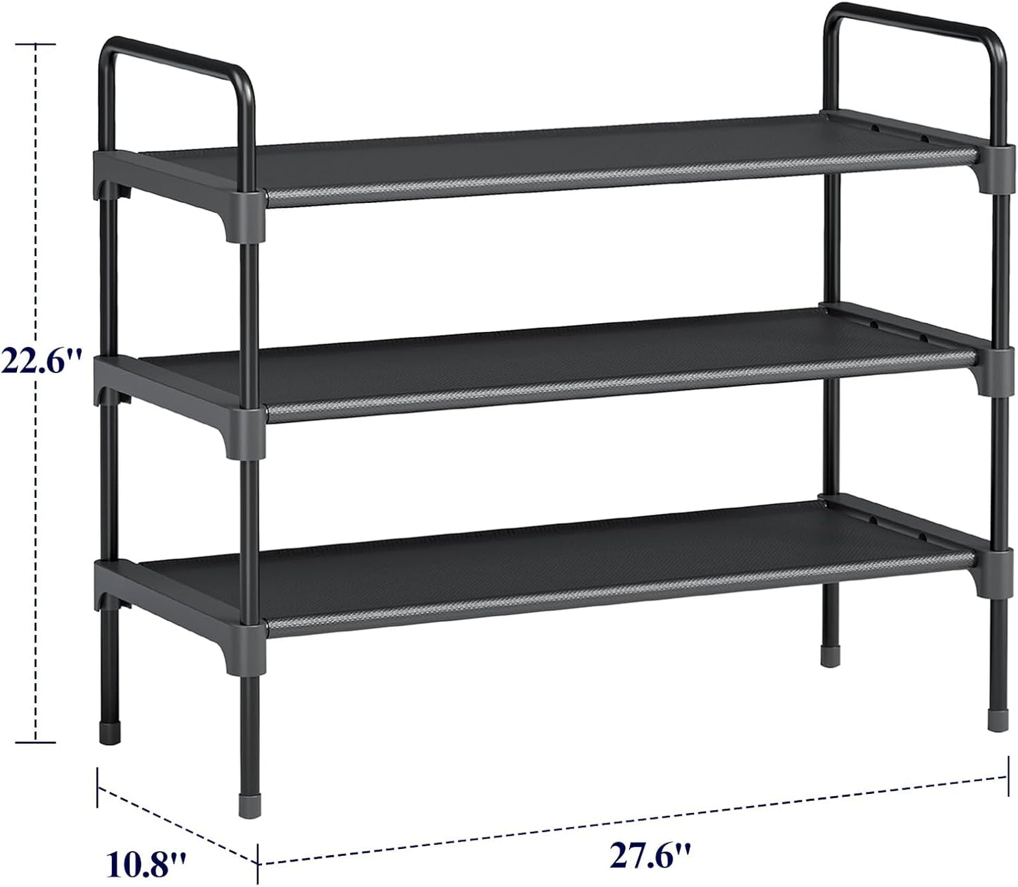 3-Tier Shoe Rack - Metal Shoe Organizer and Shoe Shelf with Handle, Easy-Assembly, Sturdy Shoe Rack for Closet, Entryway, Bedroom (Black, 27.6'' X 10.8'' X 22.6'')