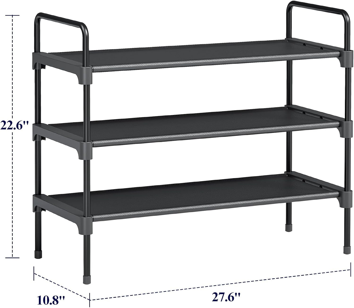 3-Tier Shoe Rack - Metal Shoe Organizer and Shoe Shelf with Handle, Easy-Assembly, Sturdy Shoe Rack for Closet, Entryway, Bedroom (Black, 27.6'' X 10.8'' X 22.6'')