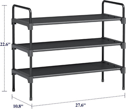 3-Tier Shoe Rack - Metal Shoe Organizer and Shoe Shelf with Handle, Easy-Assembly, Sturdy Shoe Rack for Closet, Entryway, Bedroom (Black, 27.6'' X 10.8'' X 22.6'')