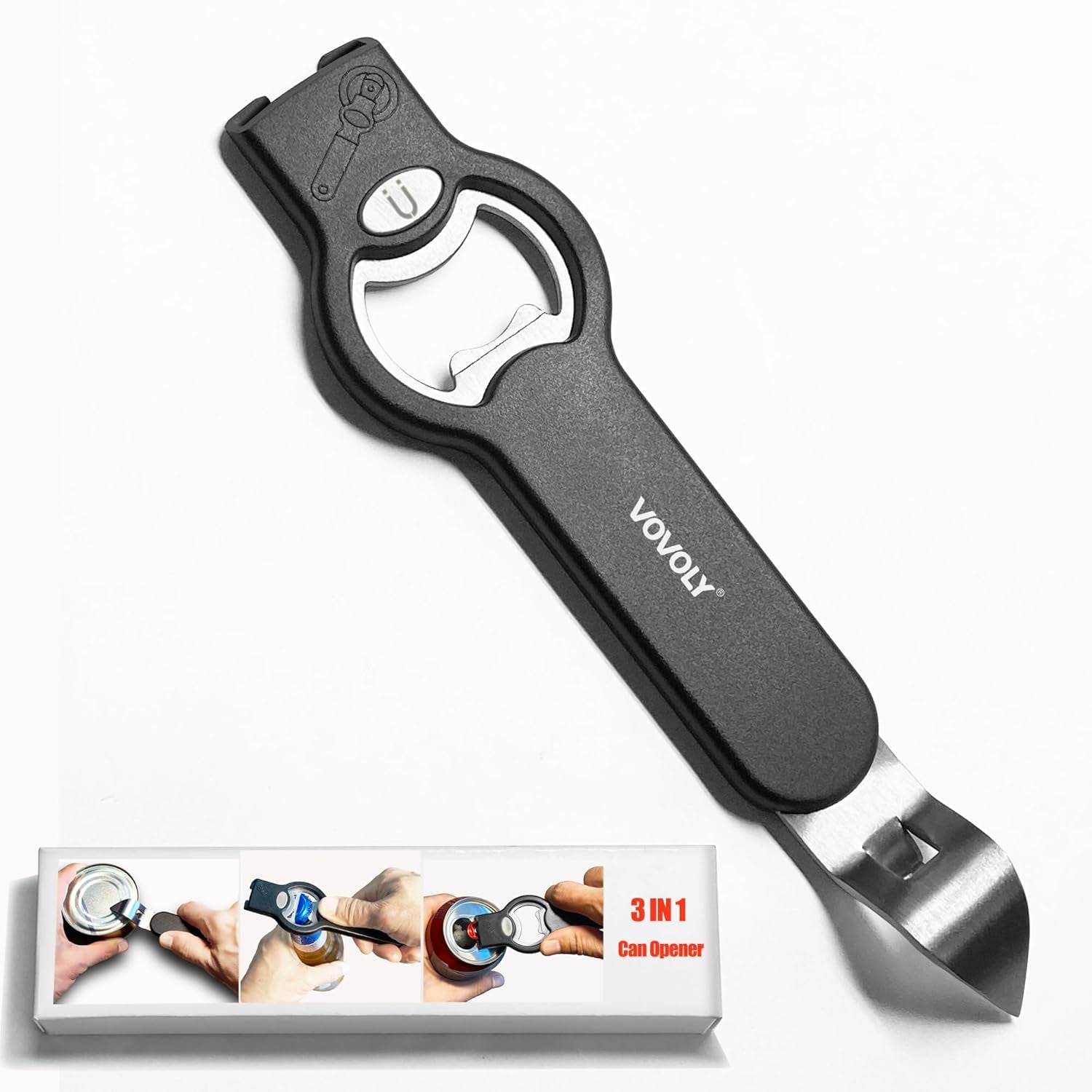 3-In-1 Magnetic Bottle and Can Opener for Refrigerator, Stainless Steel Manual Can Punch Opener for Liquid with Cap Catcher, Stick to Fridge for Easy Storage, Can Tapper Church Key with Magnet (Black)