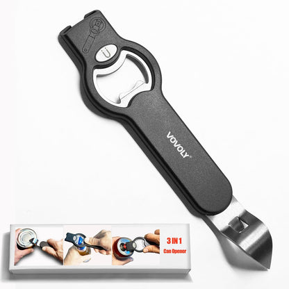 3-In-1 Magnetic Bottle and Can Opener for Refrigerator, Stainless Steel Manual Can Punch Opener for Liquid with Cap Catcher, Stick to Fridge for Easy Storage, Can Tapper Church Key with Magnet (Black)