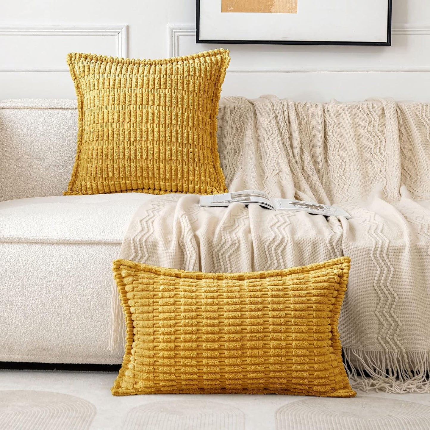 Mustard Yellow Corduroy Decorative Throw Pillow Covers Pack of 2 Soft Striped Pillows Pillowcases with Broad Edge Spring Winter Modern Boho Home Decor for Couch Sofa Bed 18X18 Inch