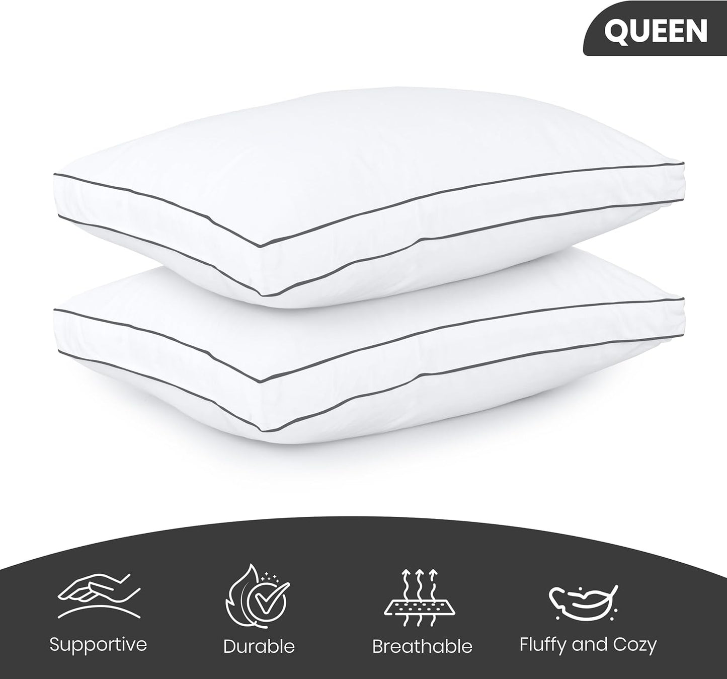 Bed Pillows for Sleeping Queen Size (Grey/White), Set of 2, Cooling Hotel Quality, Gusseted Pillow for Back, Stomach or Side Sleepers