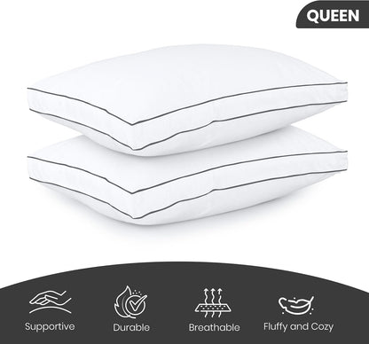 Bed Pillows for Sleeping Queen Size (Grey/White), Set of 2, Cooling Hotel Quality, Gusseted Pillow for Back, Stomach or Side Sleepers