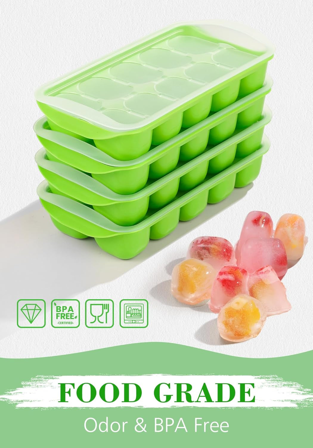 Ice Cube Tray with Lid and Bin, 4 Pack Easy Pop Out Silicone Ices Cubes Trays for Freezer with Cover, Stackable Compact Ice Bucket Kits, for Soup, Food, Cocktail, Coffee