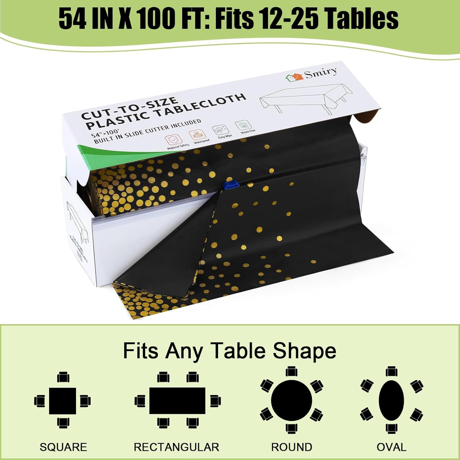 54 Inch X 100 Feet Disposable Table Cover Roll, Black & Gold Plastic Table Cloth in Cut-To-Size Box with Slide Cutter, Waterproof Rectangle Tablecloths for Weddings, Banquets, Outdoor