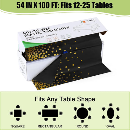 54 Inch X 100 Feet Disposable Table Cover Roll, Black & Gold Plastic Table Cloth in Cut-To-Size Box with Slide Cutter, Waterproof Rectangle Tablecloths for Weddings, Banquets, Outdoor