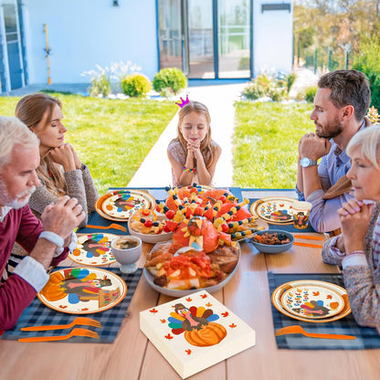 120 PCS Thanksgiving Plates and Napkins, Disposable Thanksgiving Paper Plates, 9" and 7" Fall Party Tableware, round Turkey Pumpkins Decorations for Harvest Banquet Decor Holiday Party Supplies