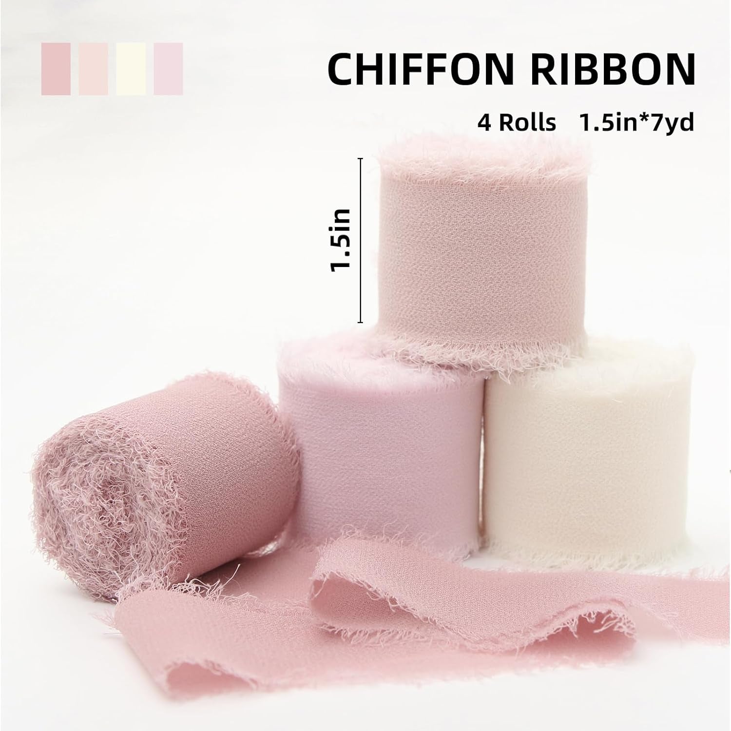 Pink Chiffon Ribbon 1.5" X 28Yd Pink & Cream Fringe Chiffon Wedding Silk Handmade Ribbon Set 7Yd X 4 Rolls for Bridal Bouquets Wedding Invitations DIY Decor Gift Wrapping & Bow Making