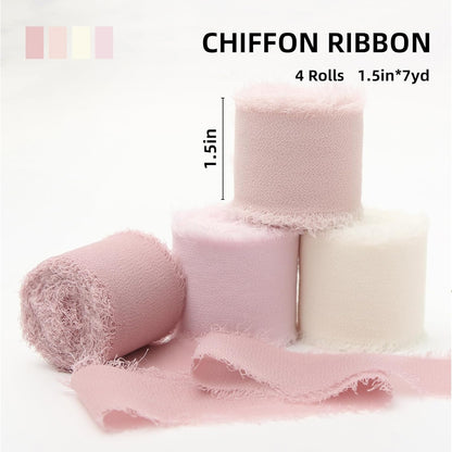 Pink Chiffon Ribbon 1.5" X 28Yd Pink & Cream Fringe Chiffon Wedding Silk Handmade Ribbon Set 7Yd X 4 Rolls for Bridal Bouquets Wedding Invitations DIY Decor Gift Wrapping & Bow Making
