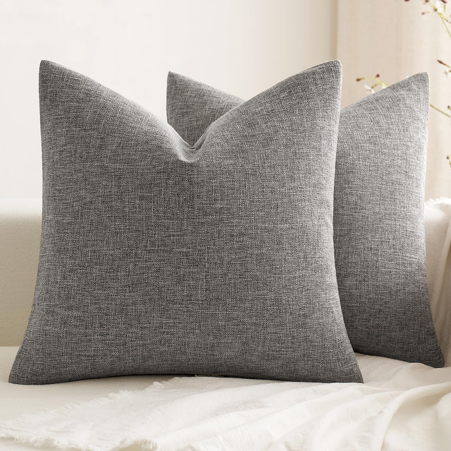 Pack of 2 Decorative Farmhouse Linen Pillow Covers Rustic Boho Accent Outdoor Couch Throw Pillow Covers for Cushion Bed Sofa Living Room Home Decor 18X18 Inch Grey