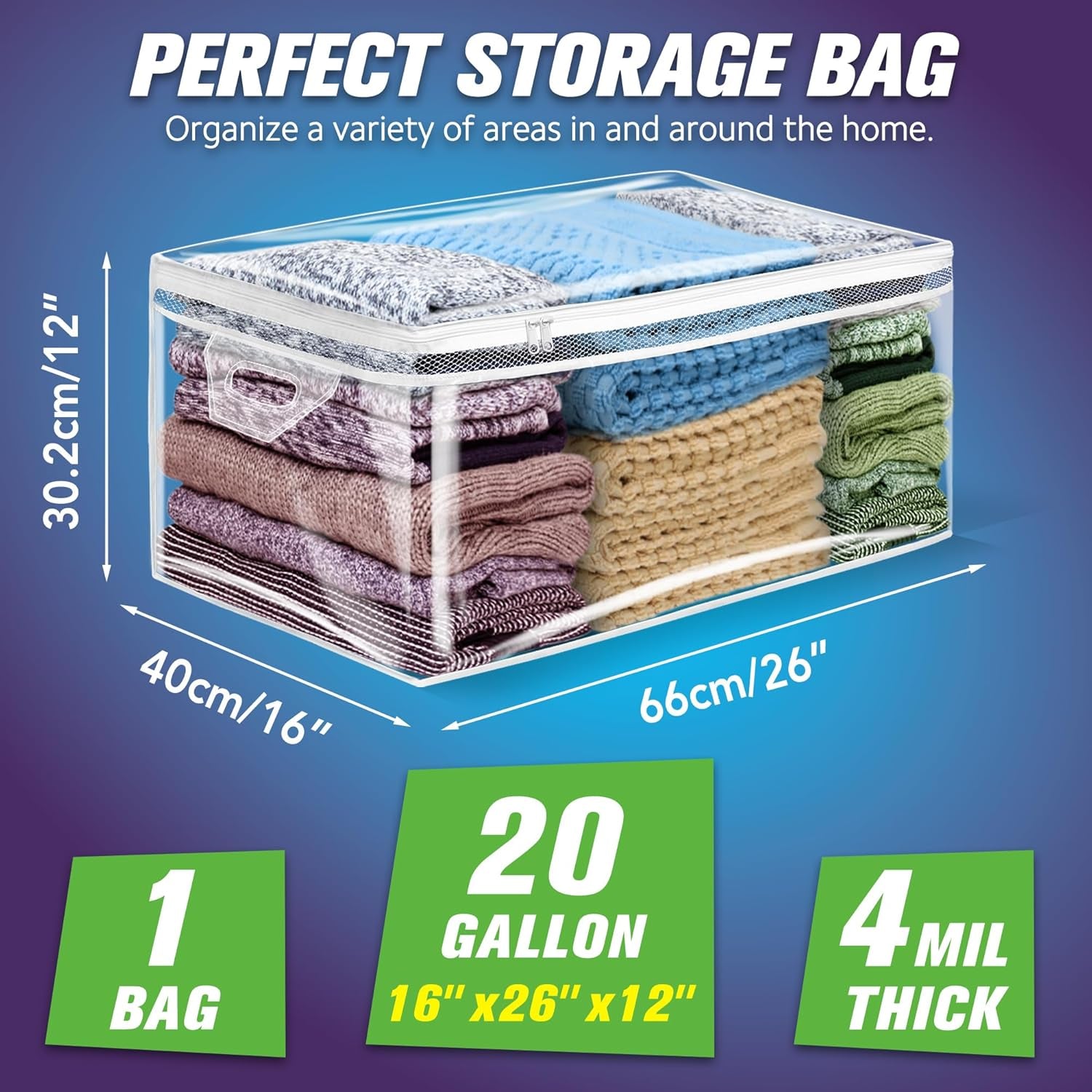 20 Gallon Large Storage Bag for Clothes, Zipper Clothing Storage Bag, Clear Organizer with Reinforced Handles, for Comforters Blankets Pillows Bedding (1 Pack)