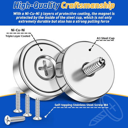4 Pack Neodymium Cup Magnets, 30LBS Holding Force Strong Rare Earth Magnets with Heavy Duty Countersunk Hole and Stainless Screws for Refrigerator, Tool Room, Science, Craft, Office and Garage